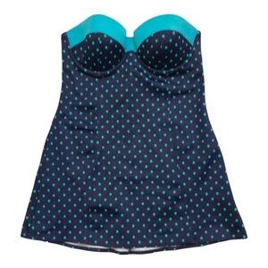 Nwt - SPANX - Navy Blue & Turquoise Polka Dot Underwire Tankini Top - Size 10